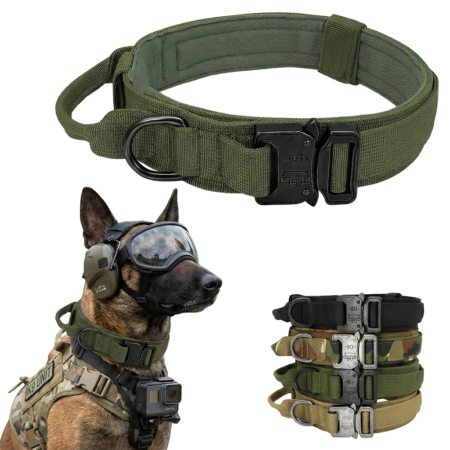 K9 "Command" Heavy Duty Tactical Collar - Quick-Release Metal Buckle with Control Handle (Air Tag Ready)